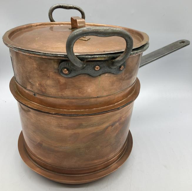 Skultuna Lidded Double Boiler Copper Pot: Title: Skultuna Lidded Double Boiler Copper Pot Date/Period: Dimension: 15" with handle x 9" x 10" deep (max stacked) Materials: Metal Additional Information: Base Marked Skultuna 1611 4L 2a Shipping: