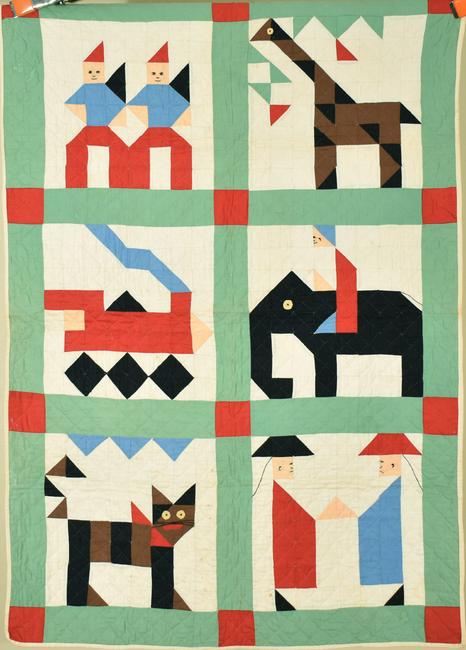 30's Mosaic Pictorial Crib Quilt: Cotton 20's/30's Ann Orr mosaic crib quilt, all hand pieced and hand quilted, with hand embroidered accents. It measures 34" X 50" and is in excellent condition, with a couple of small, faint spots an