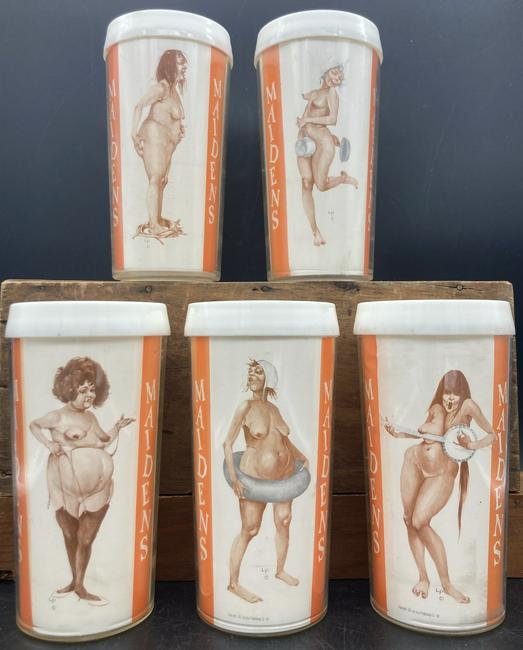 Rare MAIDENS BAR TUMBLER Set: Title: Rare MAIDENS BAR TUMBLER Set Date/Period: 1965 Dimension: approx 5.5" tall x 3" diameter Materials: plastic Additional Information: Rare 1965 MAIDENS BAR TUMBLER Set Risque Shipping: Domestic: 