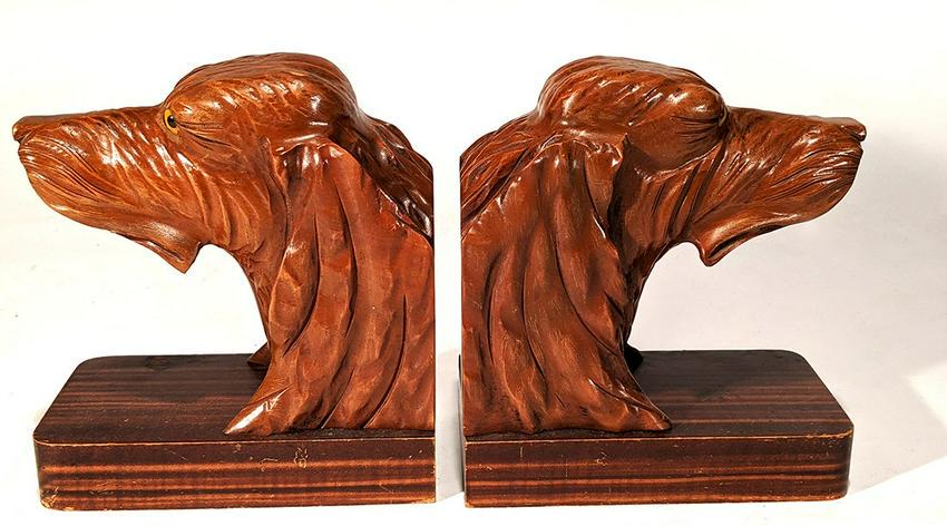 Hunting Dogs Art Deco Bookends By P. Belys: Title: Hunting Dogs Art Deco Bookends By P. Belys Date/Period: 1900 Origin: French Dimensions: 5 1/2" H x 6" L Provenance/Additional Info:Carved long-eared Hunting Dog heads with glass eyes Art Deco B