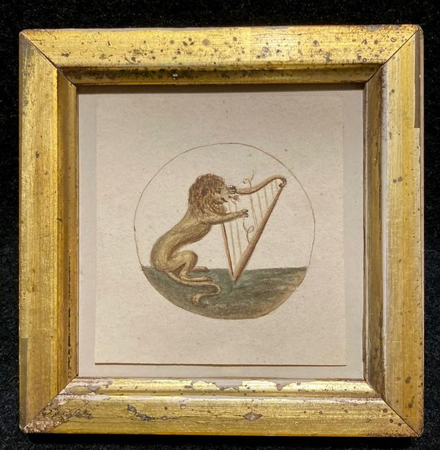 Mid 1800's original lion and harp watercolor.: Title: Mid 1800's original lion and harp watercolor. Provenance/Additional Information: In a 19thc worn gold leaf frame. Total framed size is approximately 4" square. Condition: Good Condition Shippin