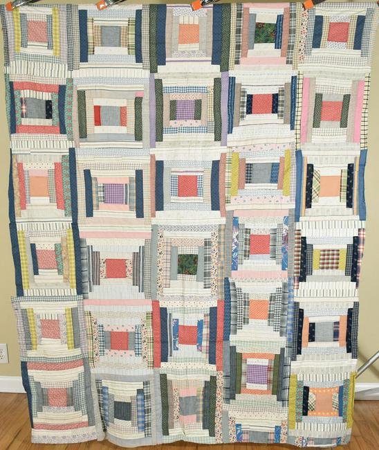 Cotton Log Cabin Quilt Top c. 1920: Cotton log cabin quilt top, all hand pieced with fabrics dating from 1890 to 1920. It measures 68" X 86" and is in excellent condition, with the occasional small, faint spot and no wear. Came out of M