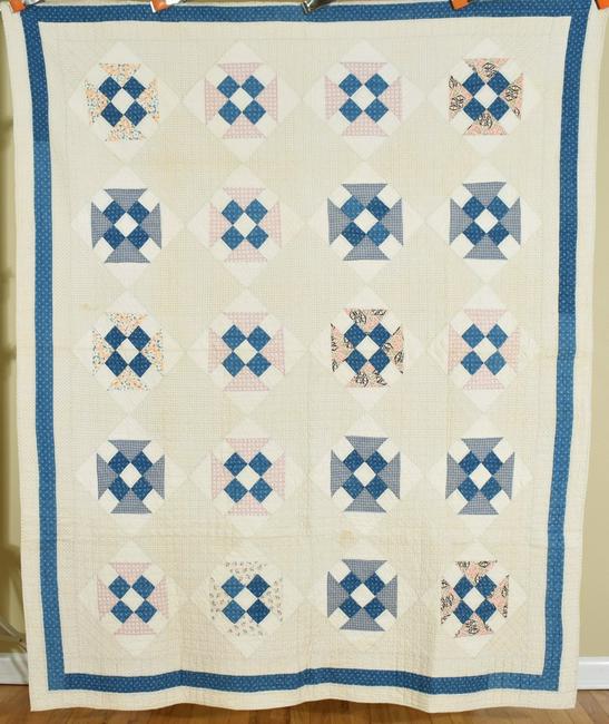 20's Shoofly Quilt, Nice Blue Accents: Cotton shoofly variation quilt, all hand pieced and hand quilted, with fabrics dating from the 1890's to the 1920's. It measures 64" X 78" and is in very good condition, with the occasional light age 