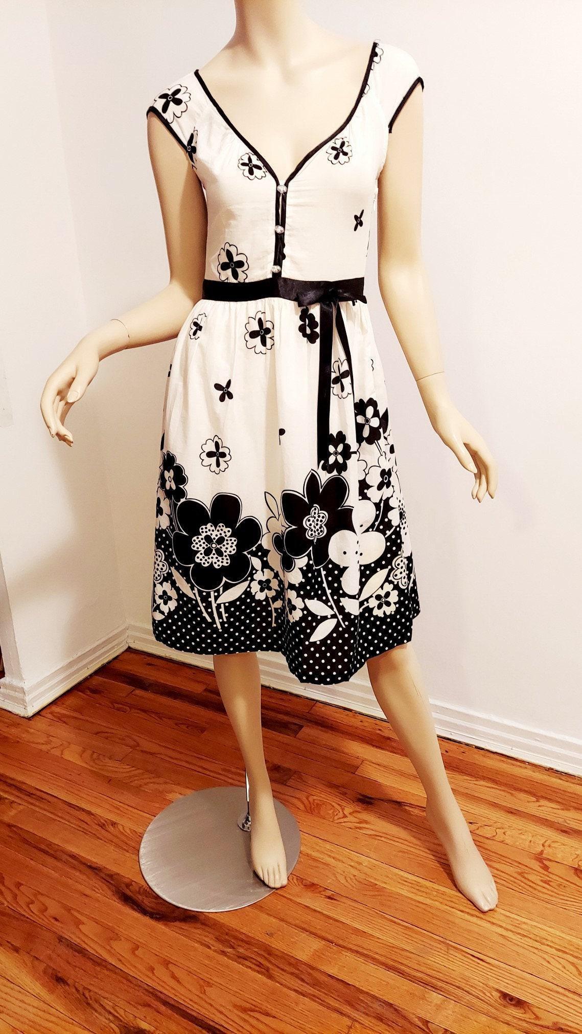 Vtg Crispy Summer White Cotton Dress Black Floral Satin Ribbon Rhinestone Buttons (1 of 6)