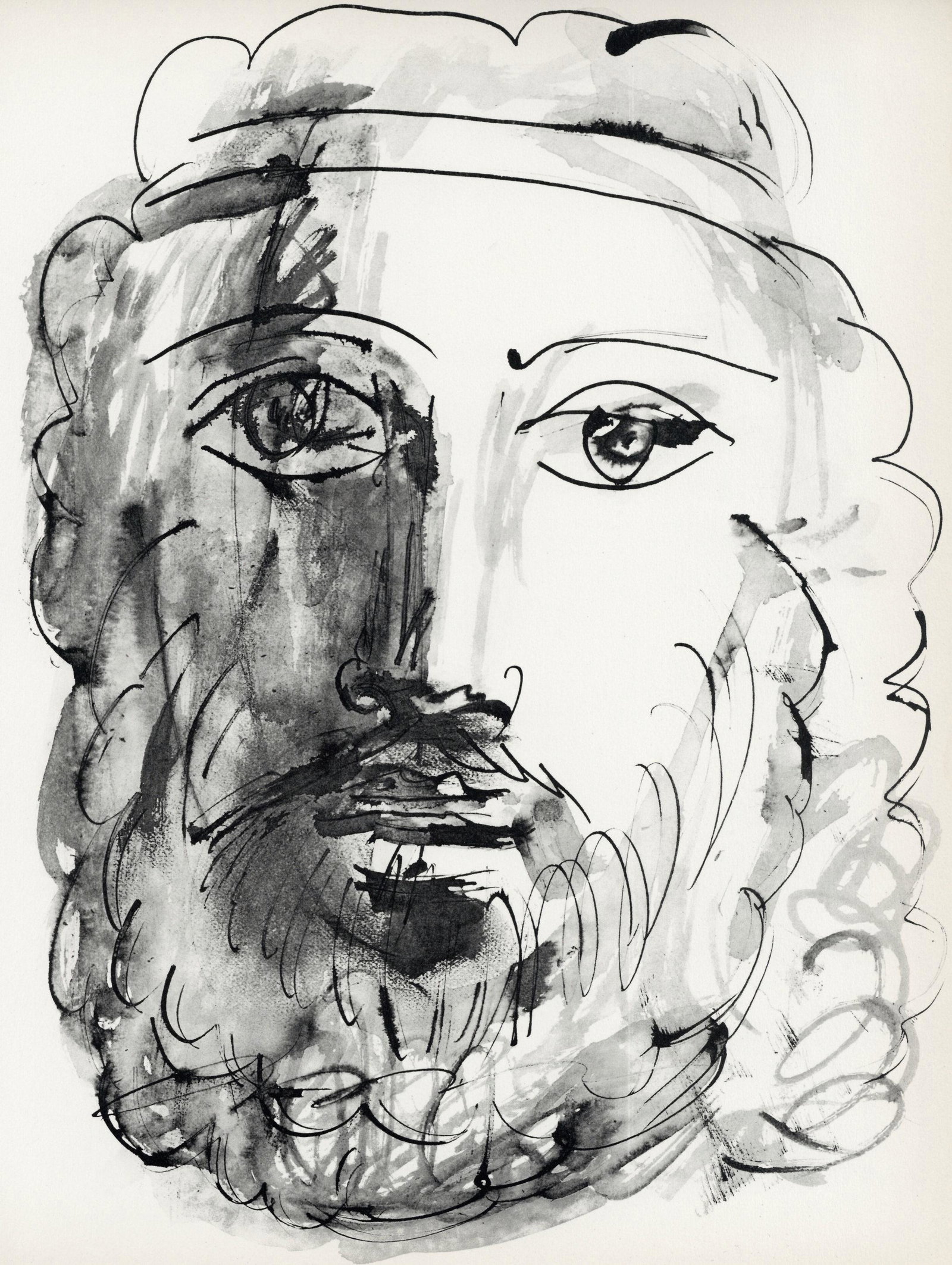Pablo Picasso lithograph "Visage d'homme au bandeau": Medium: lithograph (after the the drawing). Printed in 1957 at the atelier Duval for the Picasso "Buffon" portfolio and published in an edition of 2000 on velin du Marais paper. Size: 14 1/2 x 11 inch
