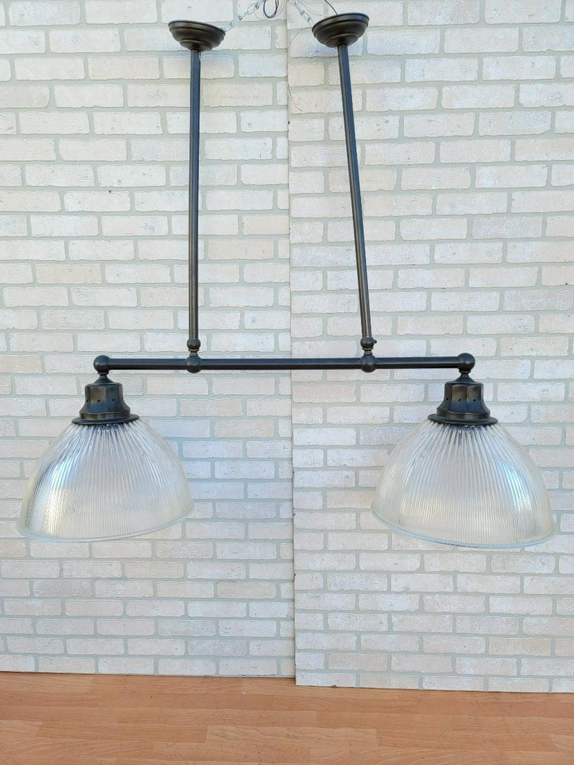 Vintage Large Double Ribbed Glass Dome Pendant Holophane Style Light Fixture: Materials: Metal Description Vintage Large Double Ribbed Glass Dome Pendant Holophane Style Light Fixture Industrial double ribbed glass holophane style pendant light fixture with antique brass finish