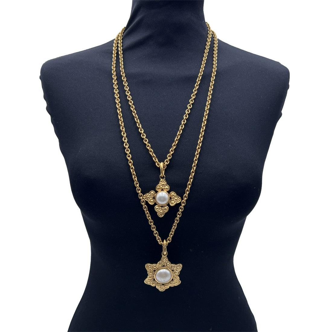 Chanel Vintage Gold Metal 2 Row Long Pendant Necklace with Medallions (1 of 12)