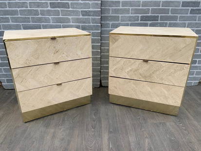 Hollywood Regency Ello Furniture Italian Travertine Chest of Drawers Cabinet - Pair: Vintage from the 1970s Materials: brass, travertine, metal Height: 28 inches Width: 25 inches Depth: 17 inches Description Hollywood Regency Ello Furniture Brass and Italian Travertine Chest of Drawer