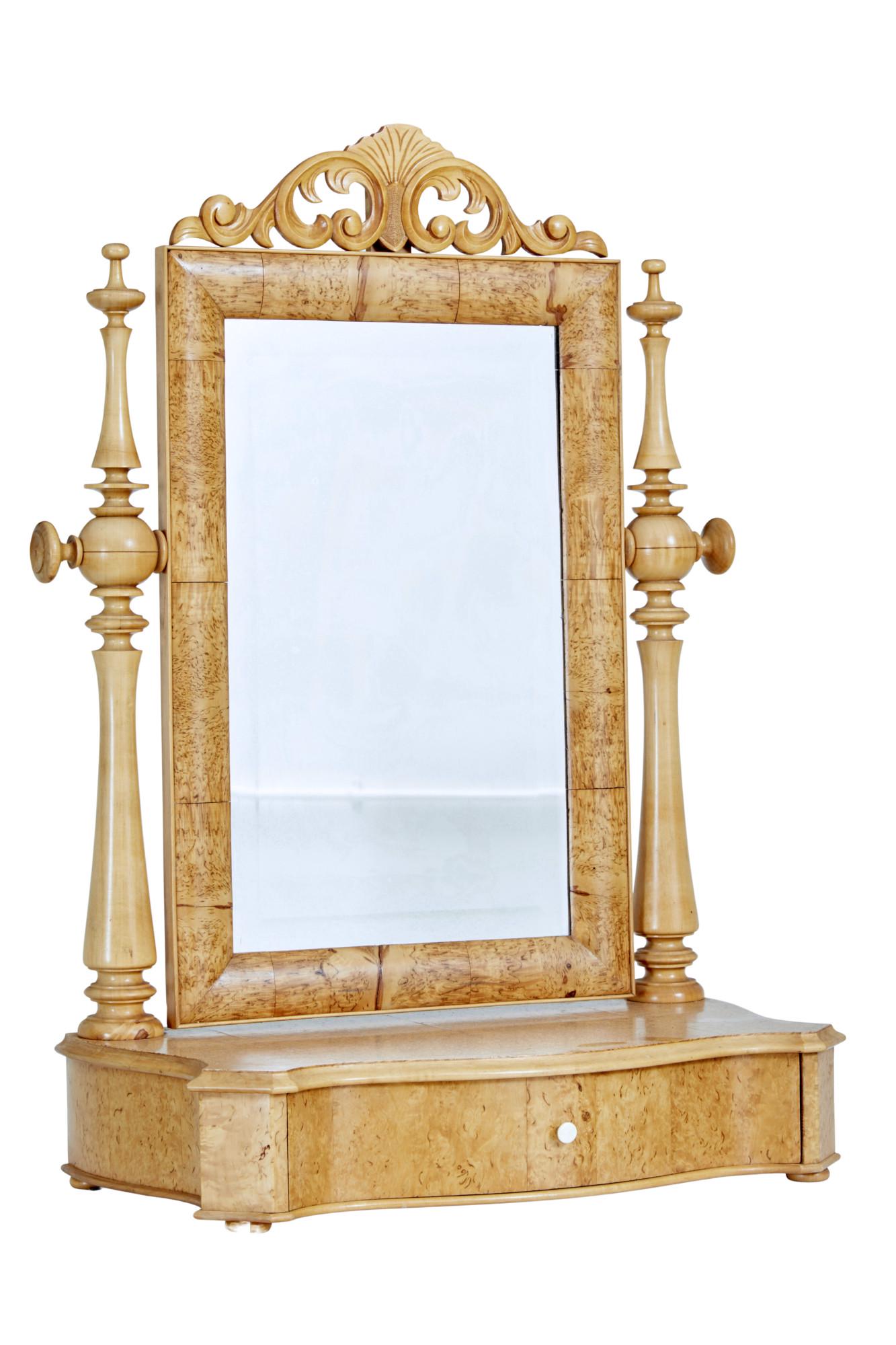 EARLY 20TH CENTURY BURR BIRCH VANITY MIRROR: EARLY 20TH CENTURY BURR BIRCH VANITY MIRROR CIRCA 1900. FINE QUALITY SWEDISH DRESSING TABLE MIRROR. CARVED SWAGS TO TOP OF MIRROR. RECTANGULAR MIRROR WITH A SLIGHT CUSHIONED BURR BIRCH FRAME, HELD IN 
