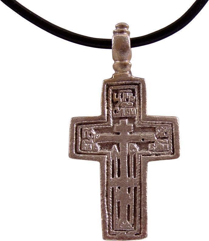 FINE EASTERN EUROPEAN CHRISTIAN CROSS NECKLACE: 17th-18th century, Orthodox rite. Silvered bronze, over 1 7/8” height. Relief decorated with double raised edges both sides. The front with vacant cross with inscriptions at the beam terminals. 