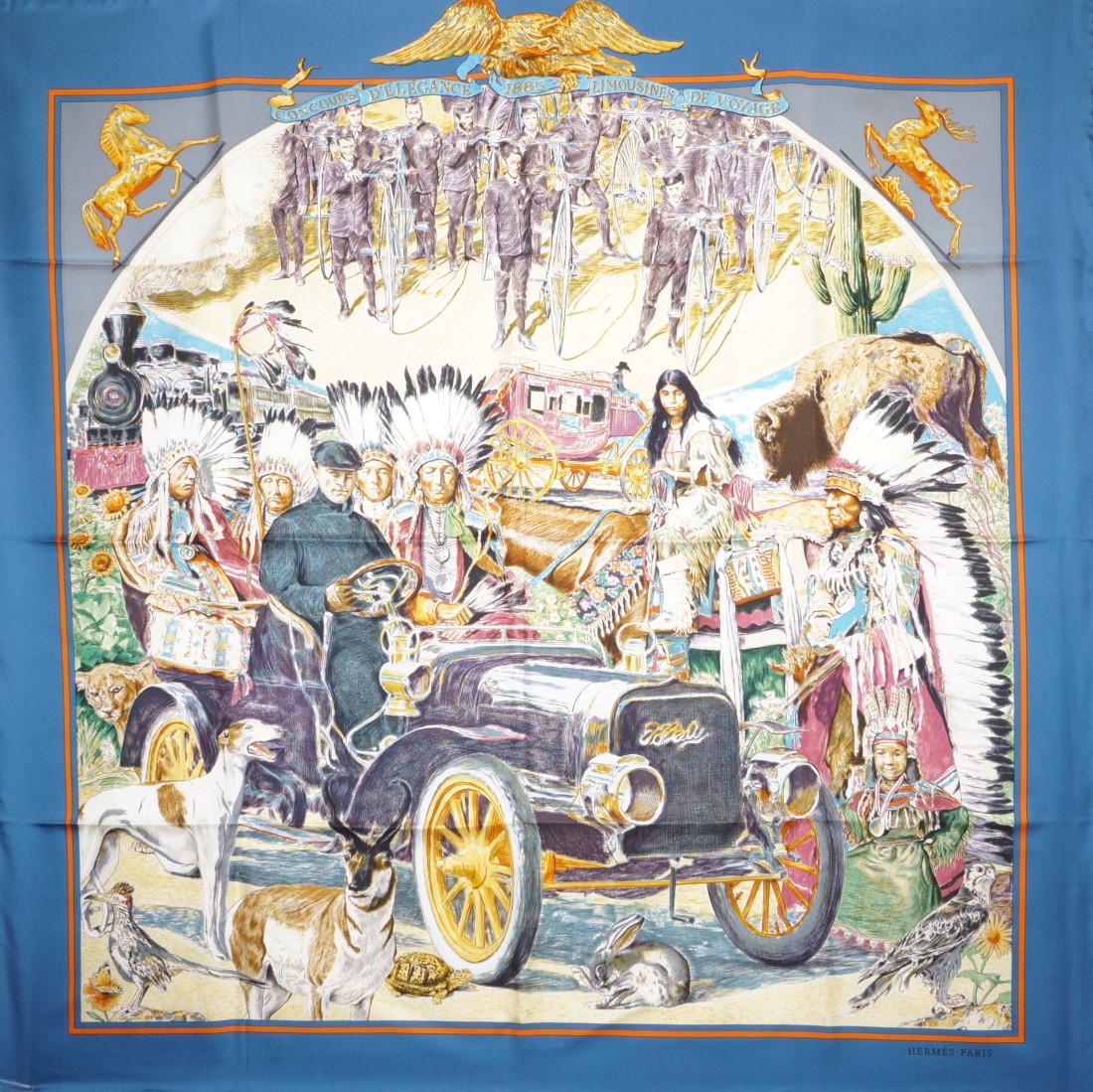 Hermes Scarf/Foulard - Concours d'Elegance - Mint condition: Title: Hermes Scarf/Foulard - Concours d'Elegance - Mint condition Material: Silk Dimensions: 35.5 x 35.5 (inches) Description: The Hermes scarf "Concours d'Elegance" was designed by Oliver Kermit in