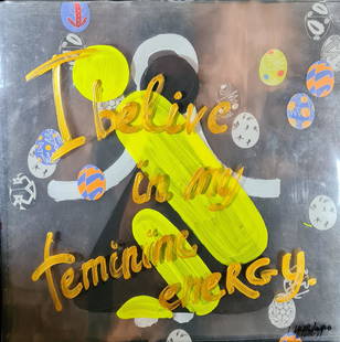 Mas Oksana - I believe in my femine energy: Artist/Title:Mas Oksana - I believe in my femine energy Date:2020 Medium:canvas, acrylic, plastic, author technique, author's stickers Dimensions:62 x 62 cm Description:Oksana Mas is a contemporary ar