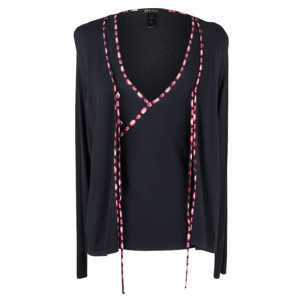 Escada Twinset Black Trimmed Pretty Pink Light 40 / 6: Guaranteed authentic Escada fresh light weight twinset. V neck open front cardigan that closes with a single tie and and 2 hidden buttons near the top. Black with piping of black with bubbles in shade