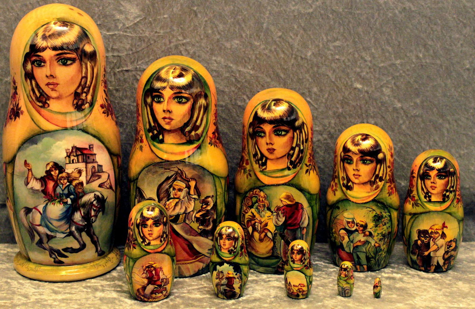 Matreshka, nesting doll: Matreshka, Russian hand-made and hand-painted nesting doll, Stecking doll with artist’s signature – Toria. 10 dolls with Fairy tale “Blacksmith”. Dimensions; 0.0 × 12.0 &#