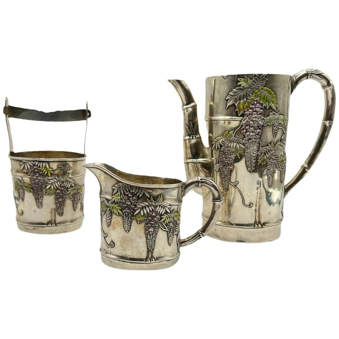 Japanese Silver & Enamel Tea Coffee Set 3 Pieces Wisteria Flowers: Japanese Silver & Enamel Tea Coffee Set 3 Pieces Wisteria Flowers ï¿¼.; In great condition; Large pitcher is approximately 6 inches high by 6 inches wide; Creamer is 2 ½ inches high; Sugar b
