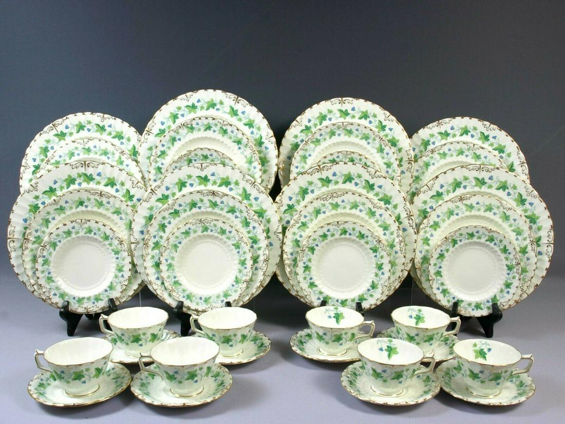 ROYAL CROWN DERBY MEDWAY Maple Leaf GREEN DINNER SET Salad Bread Plate Cup: This is a beautiful and timeless Dinner Set for 8 made by Royal Crown Derby. The set is in Medway pattern. The set is in hard to find anymore Green color of the pattern. It is decorated in the Rich em