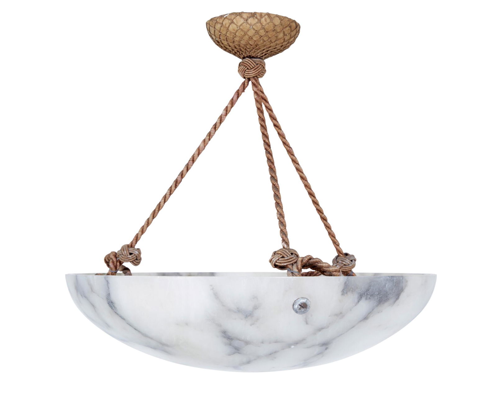 ALABASTER ART DECO CEILING LIGHT CIRCA 1920: ALABASTER ART DECO CEILING LIGHT CIRCA 1920. GOOD QUALITY SWEDISH ALABASTER DISH LIGHT, MADE FROM WARM WHITES/GREYS WITH DARKER GREY VEINING. LIGHT IS SUSPENDED BY 3 ROPES THAT LEAD UP TO A LATI