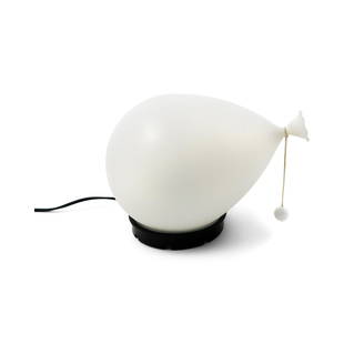 Vintage White Balloon Lamp by Yves Christin for Bilumen: An iconic Italian balloon lamp designed by Yves Christin for Bilumen in 1975. This is the small size and has a soft white colored balloon, black base, and white bead at the end of the string. In very