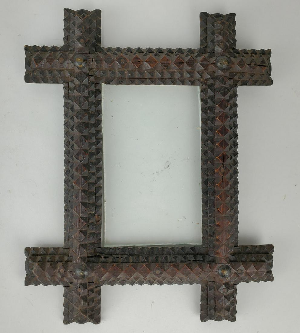Tramp Art Frame: Title: Tramp Art Frame Date/Period: late 19th to early 20th c. Dimension: 9 1/2" x 8", window 3 3/8" x 5 3/8" Material: wood, glass Additional Information: nice sturdy antique tramp art frame with gla