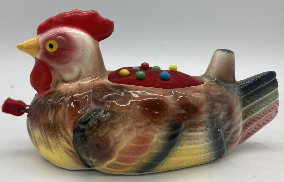 Vintage Ceramic Rooster Pin Cushion & Tape Measure Enesco Japan: Title: Vintage Ceramic Rooster Pin Cushion & Tape Measure Enesco Japan Date/Period: unknown Dimension: approx 3 x 2.5" Materials: ceramic Additional Information: Vintage Ceramic Rooster Pin Cushion & 