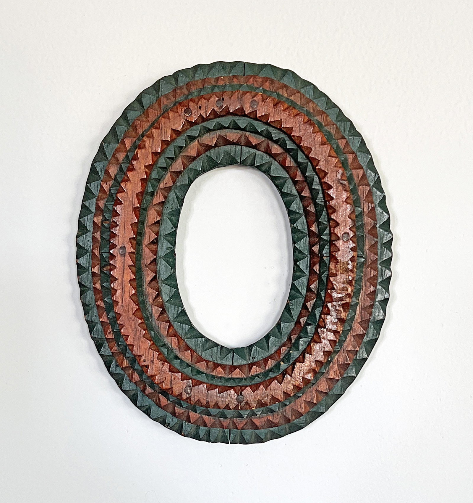 Oval Painted Tramp Art Frame: Title: Oval Painted Tramp Art Frame Additional Information: A fine painted tramp art oval shaped frame. Rare form. Great original condition with no losses or repairs. dates to 1920 - 1940. Dimensions: