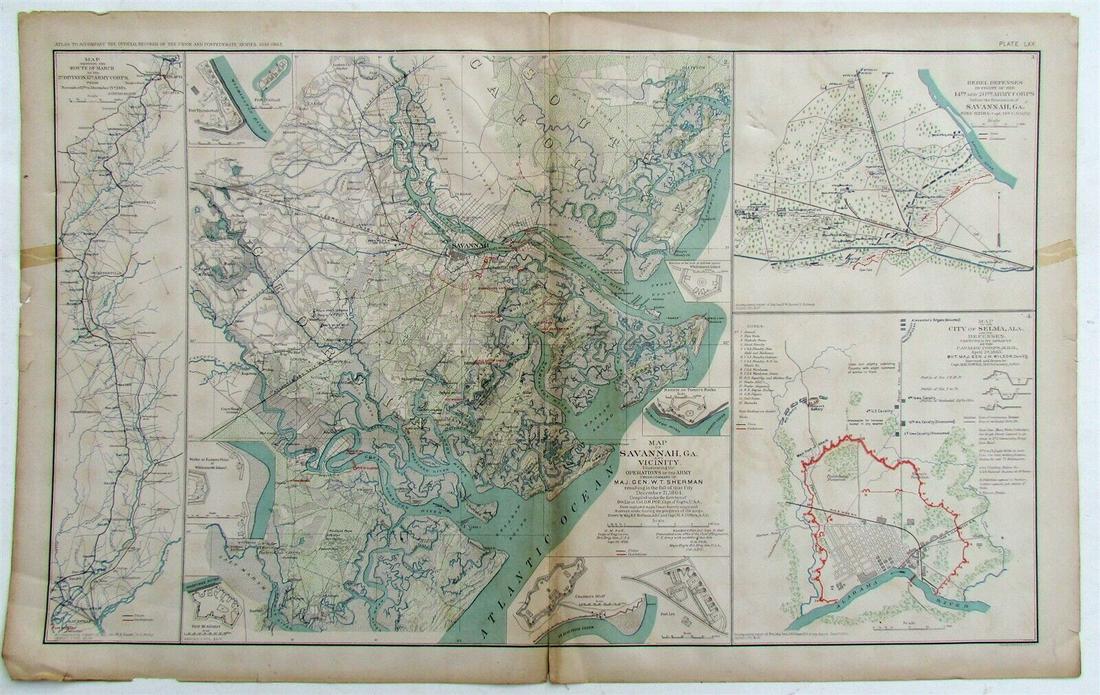 MAP antique SAVANNAH GA GENERAL SHERMAN ARMY CIVIL WAR 1864 OPERATIONS CAMPAIGN: Original Lithograph Plate LXX (70) of the 175 Plates of The Official Folio Historical Record of The Official Atlas to Accompany the Official Records of the Union and Confederate Armies, Ordered by Act