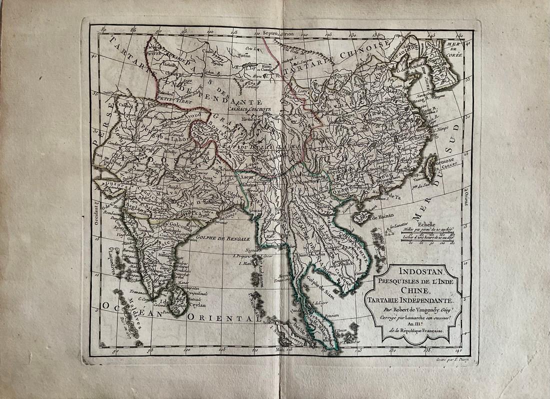 India, China and S.E Asia. 1794 by Vaugondy/ Delamarche: Title: India, China and S.E Asia. 1794 by Vaugondy/ Delamarche Date/Period: 1794 Materials: Hand colored copper plate engraved Size: 16 x 11 1/2" Shows the Mughal empire of the Indian subcontinent, in