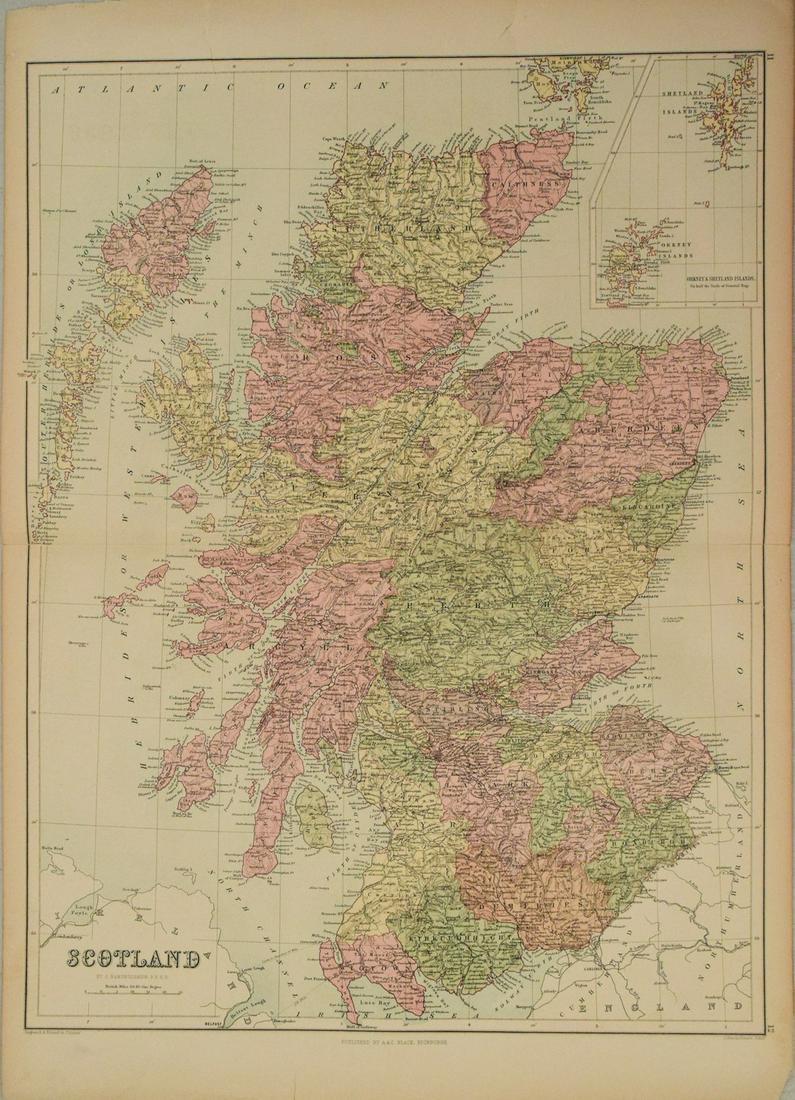 1860 Black Map of Scotland -- Scotland: Title: 1860 Black Map of Scotland -- Scotland Cartographer: A & C Black Year/Place: 1860 c., Edinburgh Dimensions: 21.7 X 16.4 in. Description: This is a very nice larger map of Scotland. The Shetland