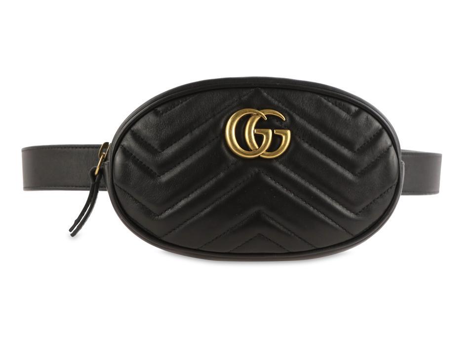 Gucci GG Marmont Matelasse Black Leather Belt Bum Bag: Gucci GG Marmont Matelasse Leather Belt Bag Belt size: 85 - 34 Adjustable belt closure, Full length including buckle approx. 40.5" Tightest 29.3", Loosest 37.3" Can be worn as a belt bag on the hip or