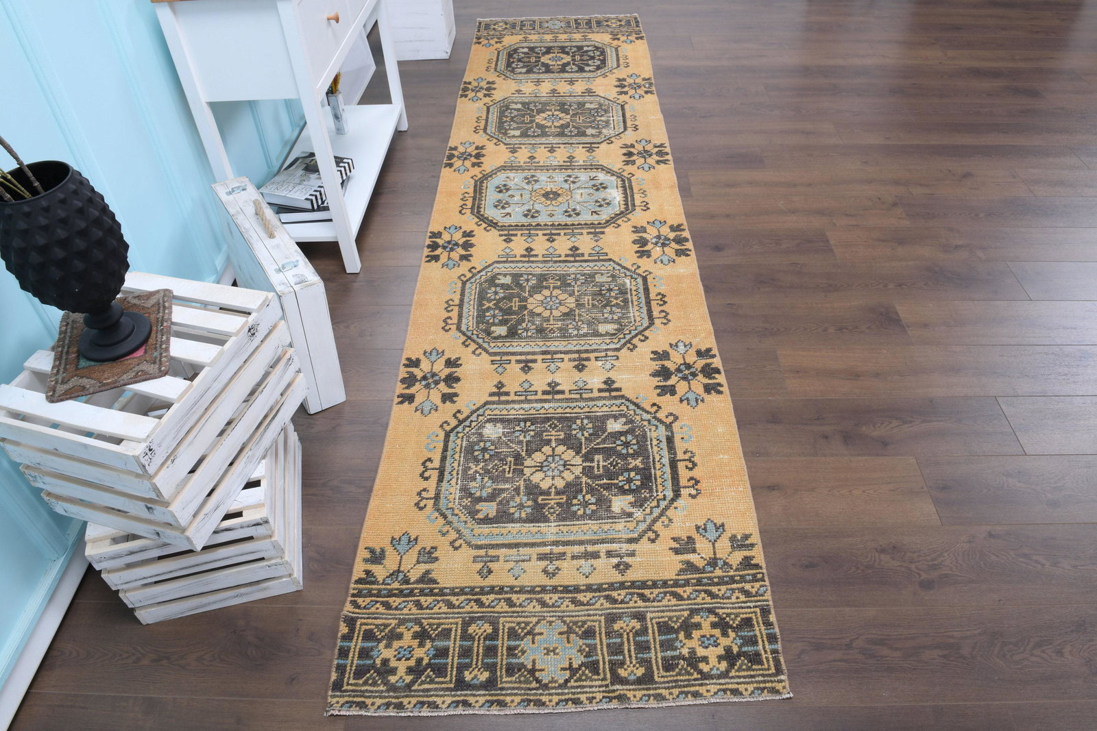 3x12 TURKISH RUNNER RUG, Handmade Rug, Kitchen Rug, Home Decor: Title: 3x12 TURKISH RUNNER RUG, Handmade Rug, Kitchen Rug, Home Decor Origin: Turkey Date/Period: 1960 - 1970 Materials: Wool and Cotton Size: 86x354=304 CM - 2'8x11'6 FT. Description: This Turkish on