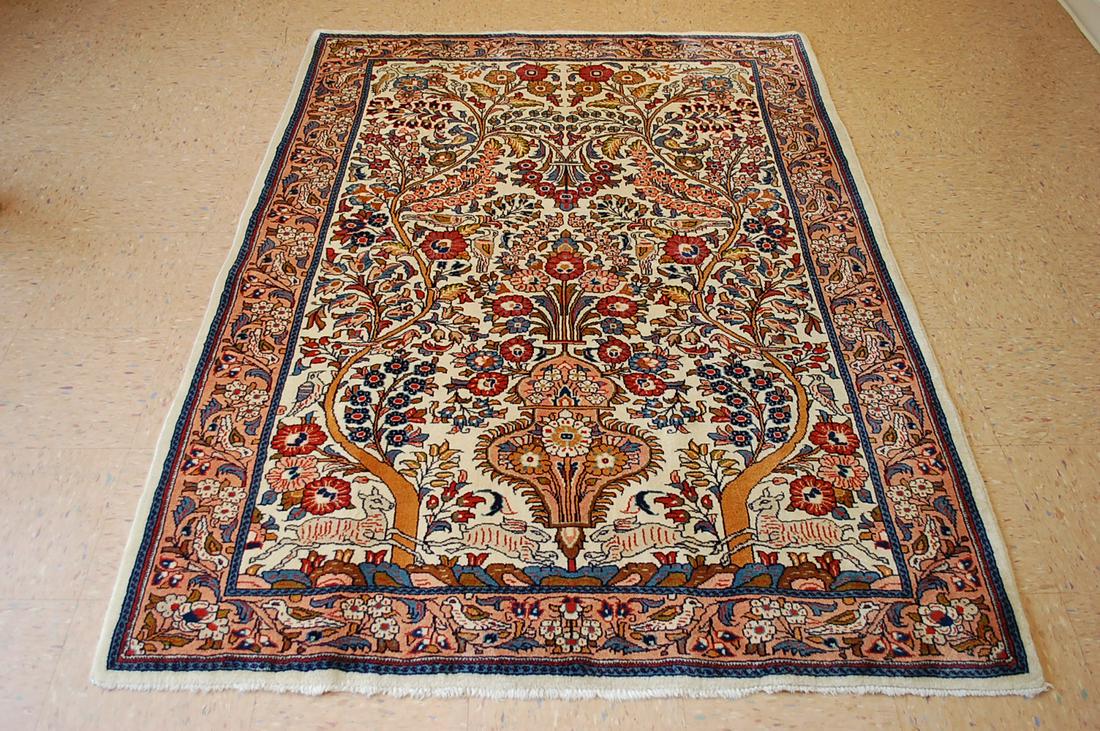 TREE OF LIFE P-SARUK ORIENTAL RUG 4' 8" x 6' 6": Title: TREE OF LIFE P-SARUK ORIENTAL RUG 4' 8" x 6' 6" Description: OLD, ANTIQUE HIGHLY DETAILED TREE OF LIFE DESIGN WITH ANIMAL_BIRD SUBJECTS FINE P-SARUK ORIENTAL RUG .....HIGH KPSI_KORK WOOL....Siz