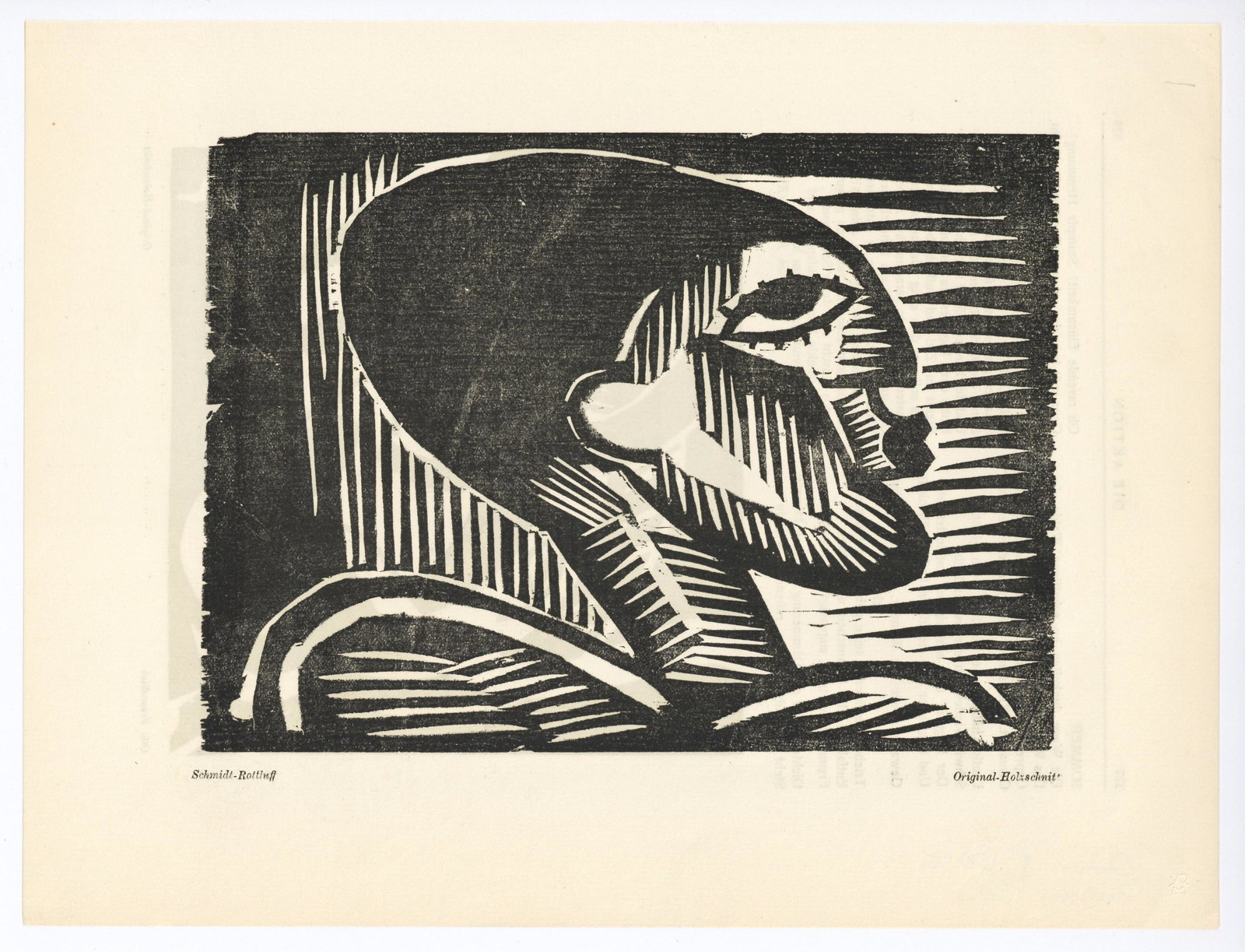 Karl Schmidt-Rottluff original woodcut "Mannlicherkopf" 1917: Medium: original woodcut. Printed in Germany in 1917 for Die Aktion; this impression is from the deluxe edition of 100 on Bütten laid paper. Catalogue reference: Schapire 202. Image size: 6 1/4 x