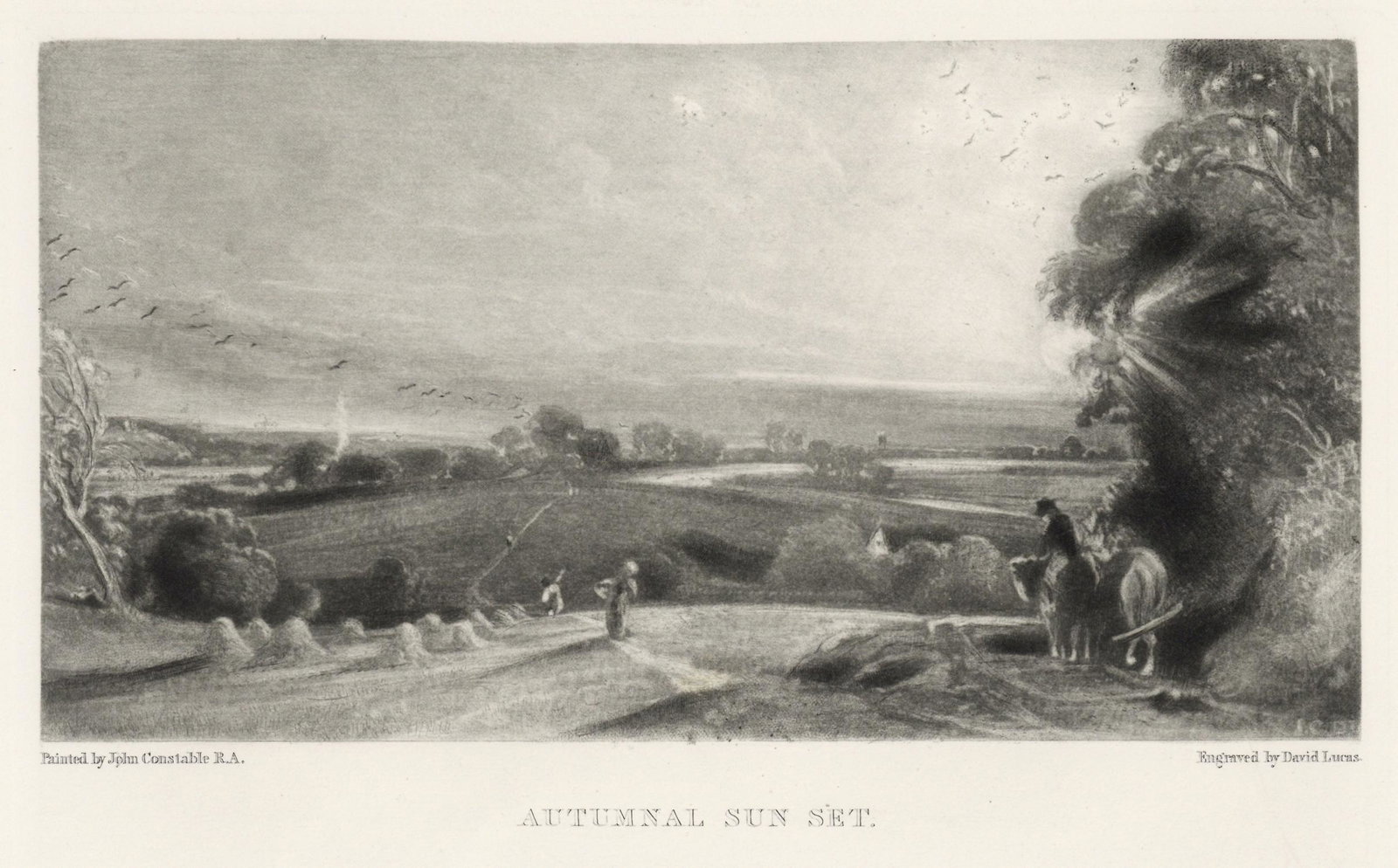 Sir John Constable / David Lucas mezzotint "Autumnal Sun Set": This beautiful mezzotint engraving was composed by John Constable and engraved by David Lucas. It is from the much sought-after "English Landscape" series; this impression on cream wove paper is from