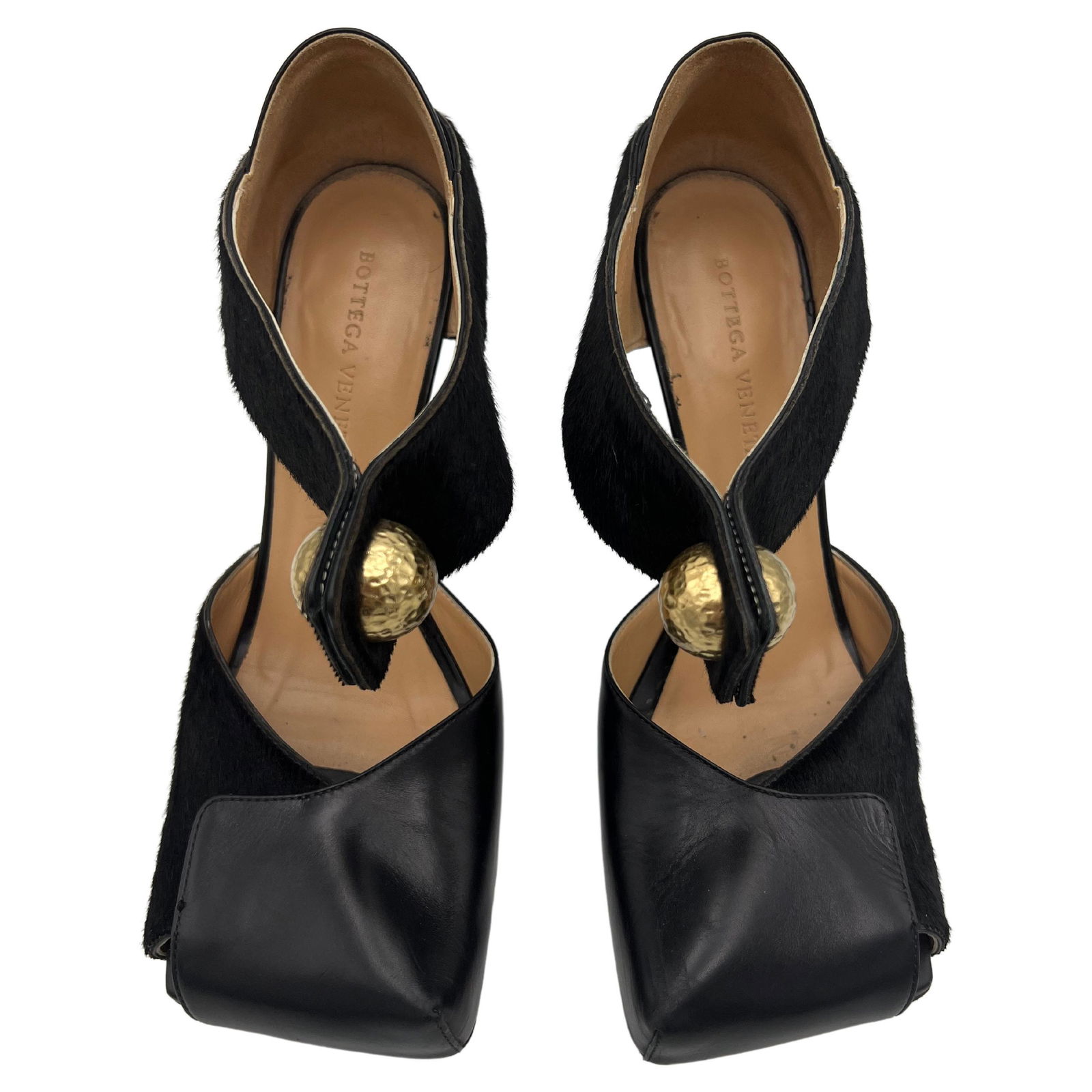 BOTTEGA VENETA Black Leather and Calf Hair High Heel Pumps, Size 38: Product details: The heel feature Pony Lux & Shiny Leather Pumps with gold ball hardware detail. Heel height is 4”. The shoes come with the original box. Est. Retail is $990. Details Designer Bo