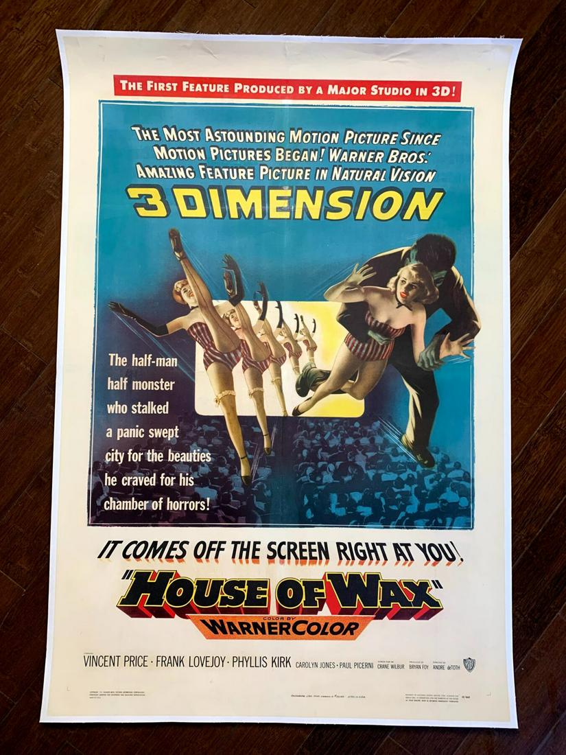 House of Wax - Vincent Price (1953) US One Sheet Movie Poster LB: Wax sculptor Henry (Vincent Price) is horrified to learn that his business partner, Matthew (Roy Roberts), plans on torching their wax museum to collect on the insurance policy. Henry miraculously sur