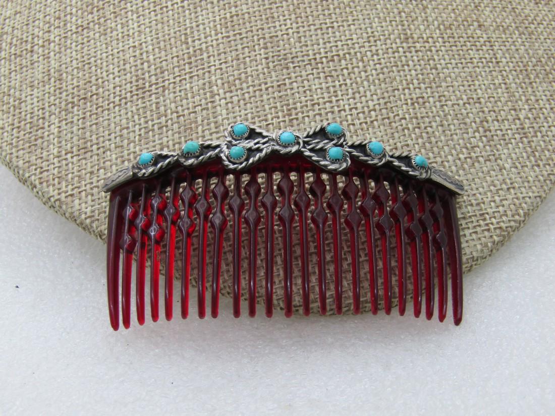 Vintage Southwestern Sterling Turquoise Hair Comb, Snake Eyes 3" (1 of 5)