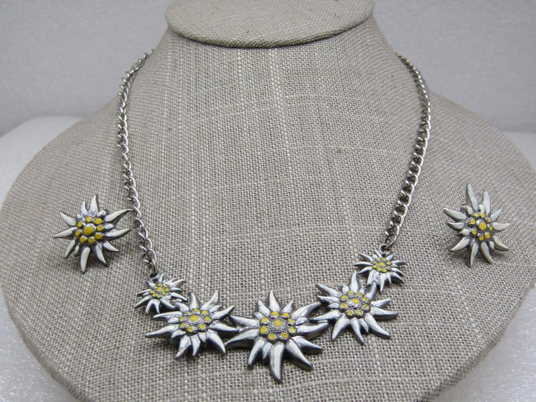 Vintage Enameled Edelweiss Necklace & Earrings Set, 17.5" (1 of 6)