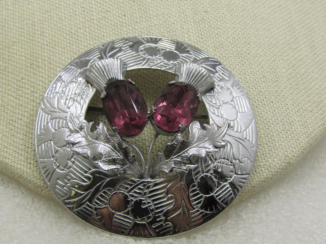Vintage Scottish Double Purple Rhinestone Thistle Brooch/Kilt Pin, Mizpah, Signed (1 of 6)