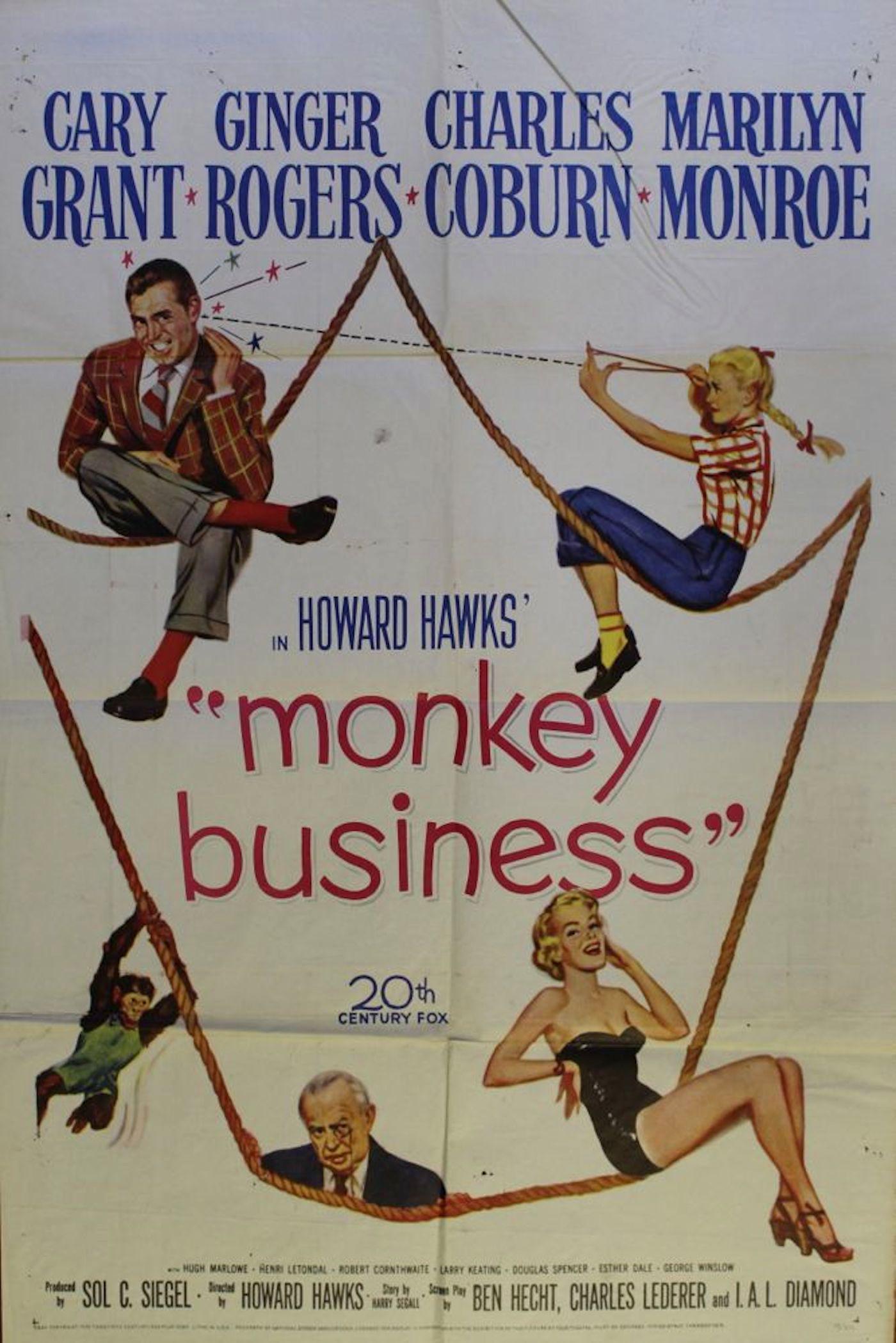 Monkey Business Original Movie Poster 1952: Original studio stamped Monkey Business (1952) movie poster. Plot: Barnaby Fulton (Cary Grant), a chemist, is working on a youth formula for a chemical company by testing it on chimps. His v