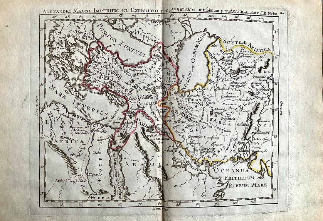 Empire of Alexander the Great, 1780/81. Scarce map by J. B. Nolin: Title: Empire of Alexander the Great, 1780/81. Scarce map by J. B. Nolin Date/Period: 1780/ 1781 Materials: Hand colored copper plate engraved Size: 14 1/2 x 10 1/4" The ancient areas conquered by Ale