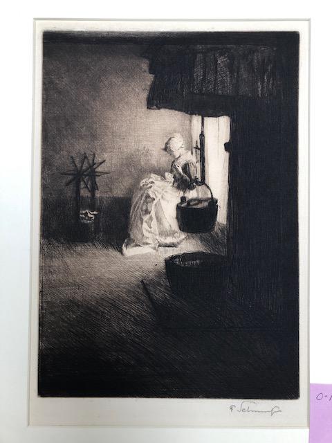 Ferdinand Schmutzer (Austria): Woman Sewing 1987: Artist: Ferdinand Schmutzer (Austria) Title: Woman Sewing 1987 Date: 1870-1928 Dimensions: Image: 7 1/2x 10 5/8 Description: Etching sign in pencil. Reserve: $200.00 Shipping: Domestic: Flat-rate of $