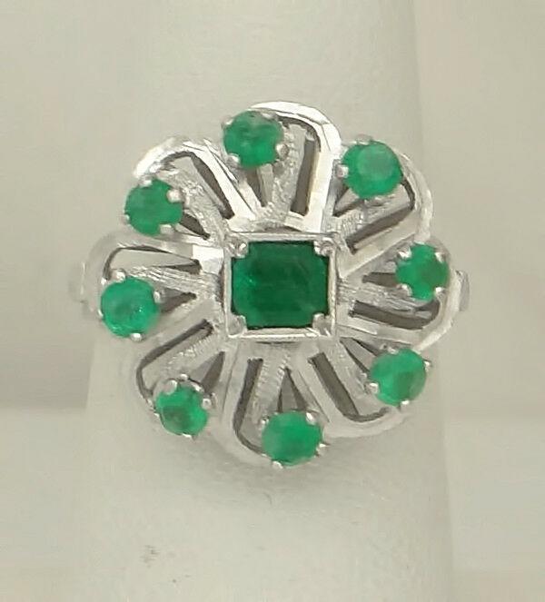 DAMAGE SALE! 18K WHITE GOLD VINTAGE EMERALD PINWHEEL RING (1 of 7)