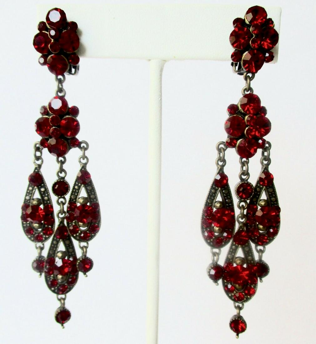 Pair of 3 1/2-Inch Vintage Clip Back Chandelier Earrings With Red Crystals (1 of 6)