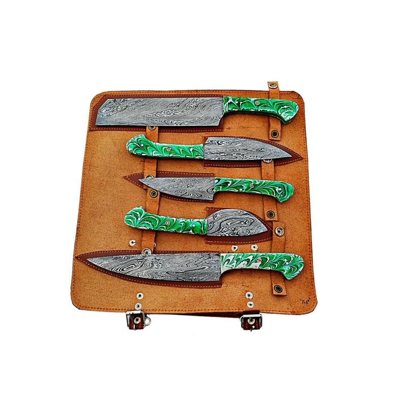 Set 5 kitchen chef damascus steel knives hunting resin (1 of 5)