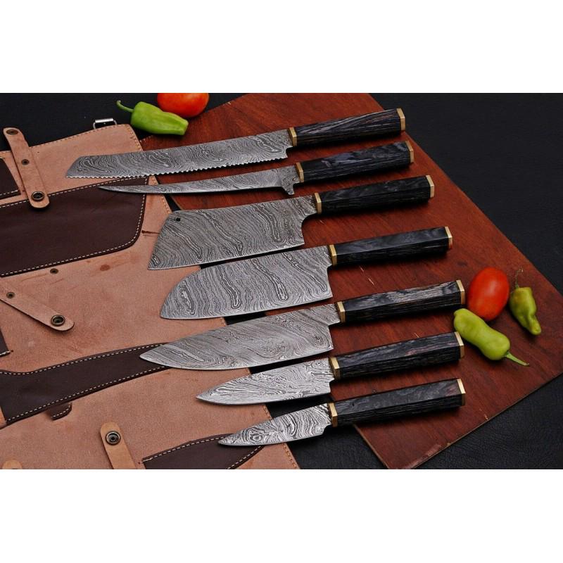 Set 7 kitchen chef damascus steel knives wood brass (1 of 4)