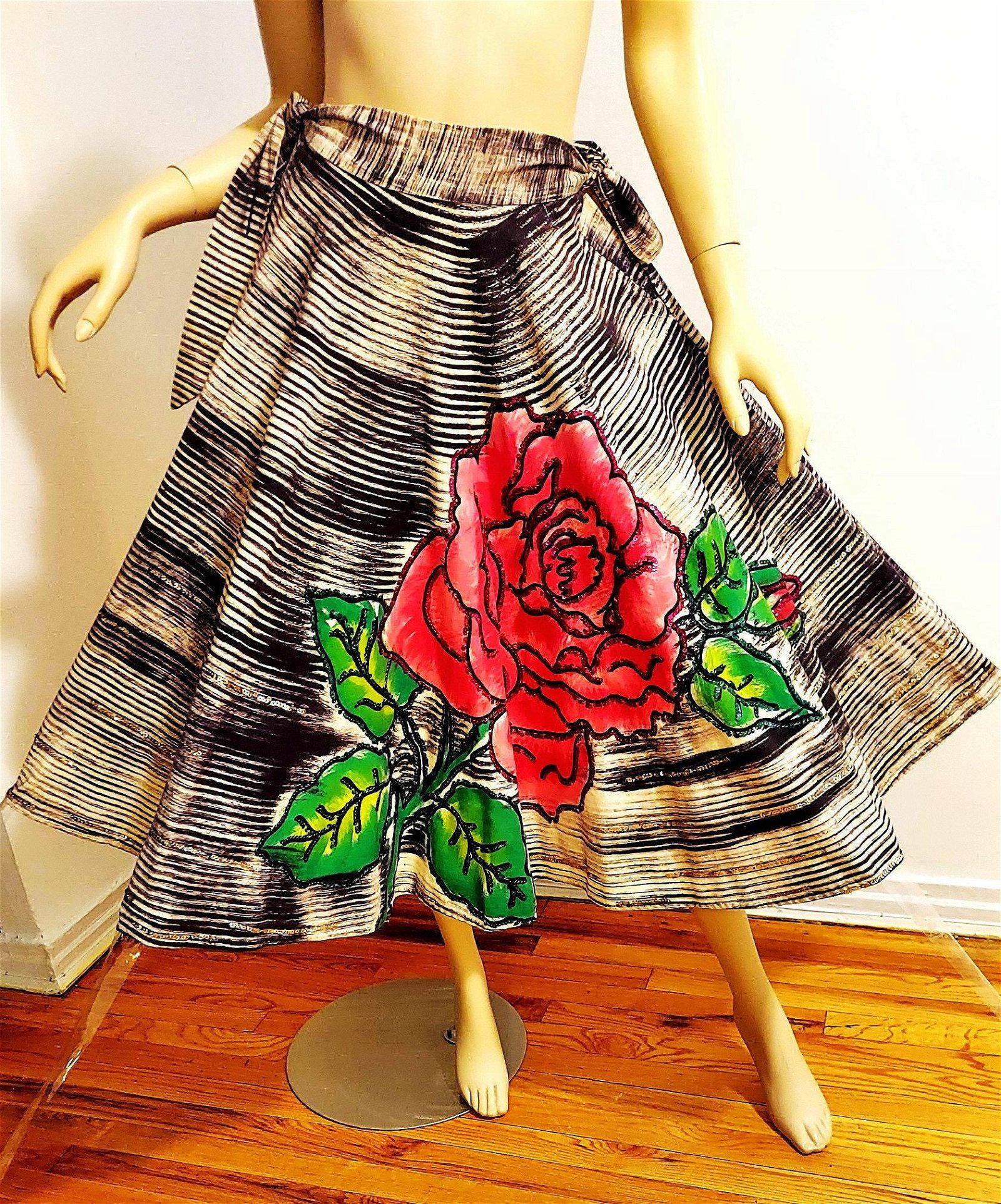 Vtg Circa 1950 Mexican Hand Painted and Sequined Full Sweep Rose Skirt: Highlights Vintage from the 1950s Materials: Mexican Skirt, Hand Pained, Cotton, Bark cloth, Sequins, Paints, 1950 Size: one size us women's letter Description This is a very Rare and Exquisite Hand P