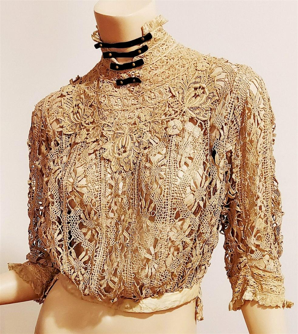 Antique C- 1900 Top Ecru Edwardian Duchesse Bobbin Lace High Neck Velour Bands w/Gold Nails: Highlights Vintage from the 1900s Materials: Edwardian Top, Cotton Crochet, Velour bands, Silk Size: s us women's letter Description I can't Say enough about This Edwardian Hand Made Duchesse Bobbin L