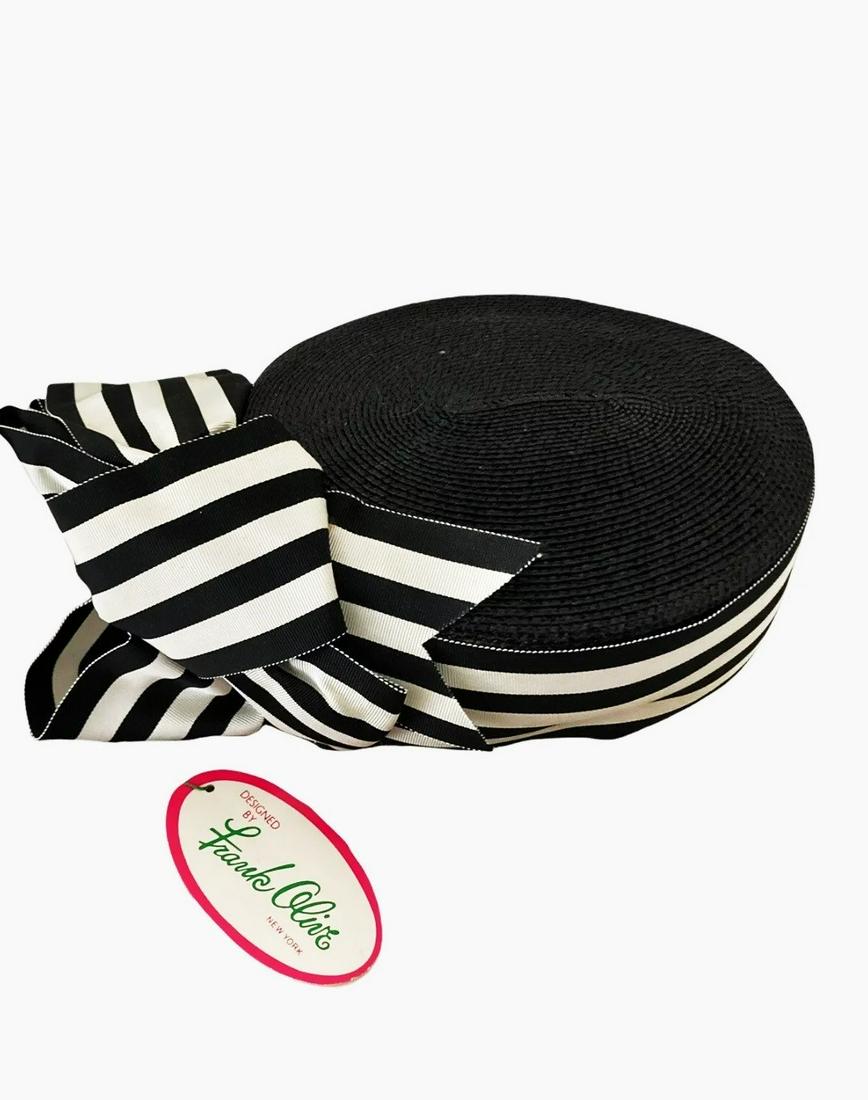 Vtg Frank Olive for Neiman Marcus Church Straw Hat Black /White Striped Ribbon old Stock Never used: Vintage from the 1970s Materials: Frank Olive, Church Hat, Straw, Grosgrain Ribbon Description Beautiful Unworn Frank Olive ForNeiman Marcus Church Hat . Straw with Black N White Wide Ribbon Bow. Stil