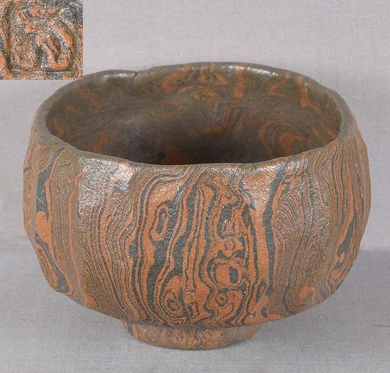 CHAWAN marbled clay TEA CEREMONY BOWL marked: Ceramic chawan (tea bowl) for tea ceremony with multifaceted outside and enso circle shape foot. Unusual piece made in marbled technique with resulting surface perfectly imitating twisted patterns of 