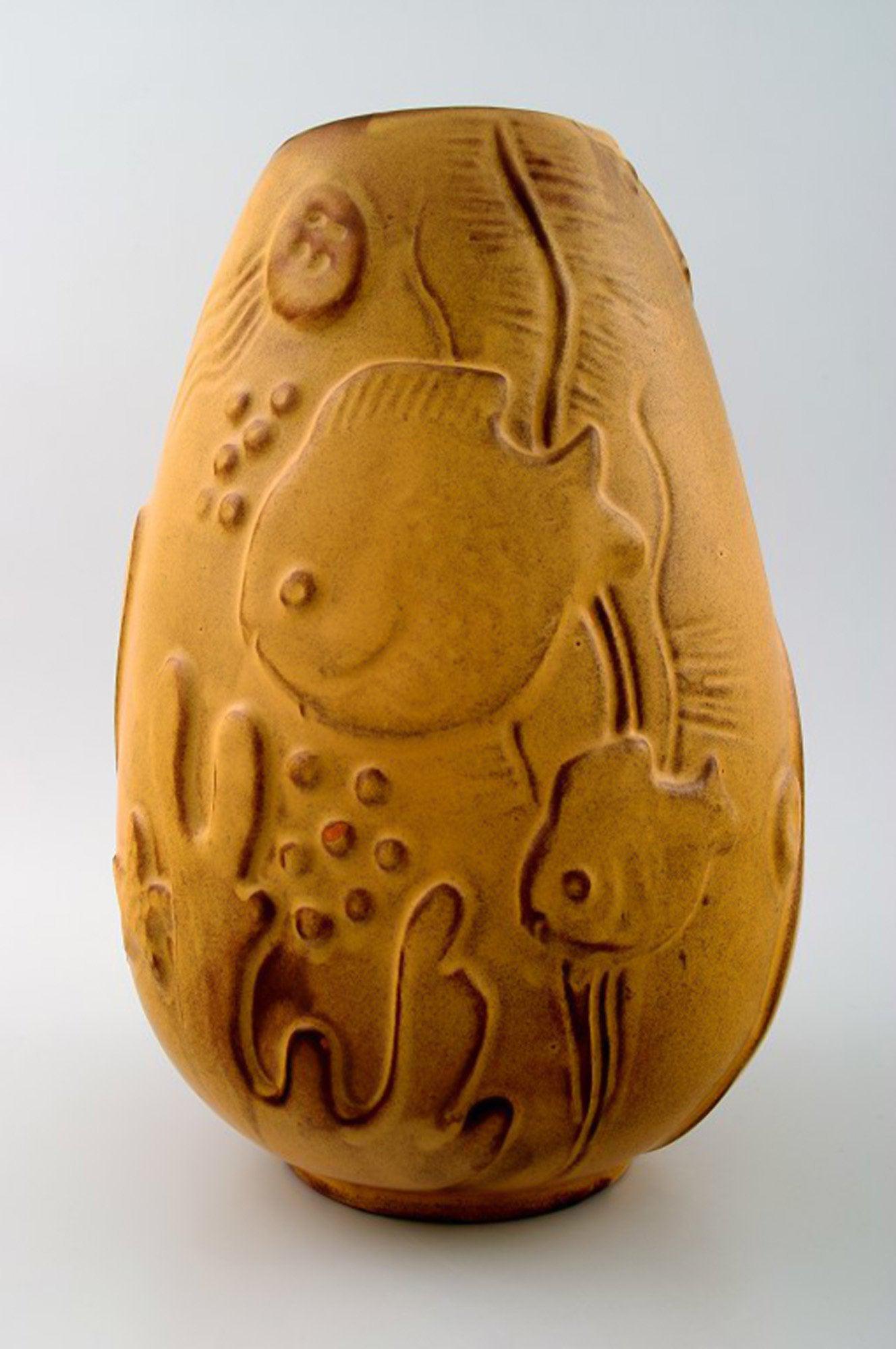 Mari Simmulson for Upsala-Ekeby art pottery vase. Fish in relief.: Title: Mari Simmulson for Upsala-Ekeby art pottery vase. Fish in relief. Additiona Information: Mari Simmulson for Upsala-Ekeby art pottery vase. Fish in relief. Beautiful glaze in yellow shades. In p